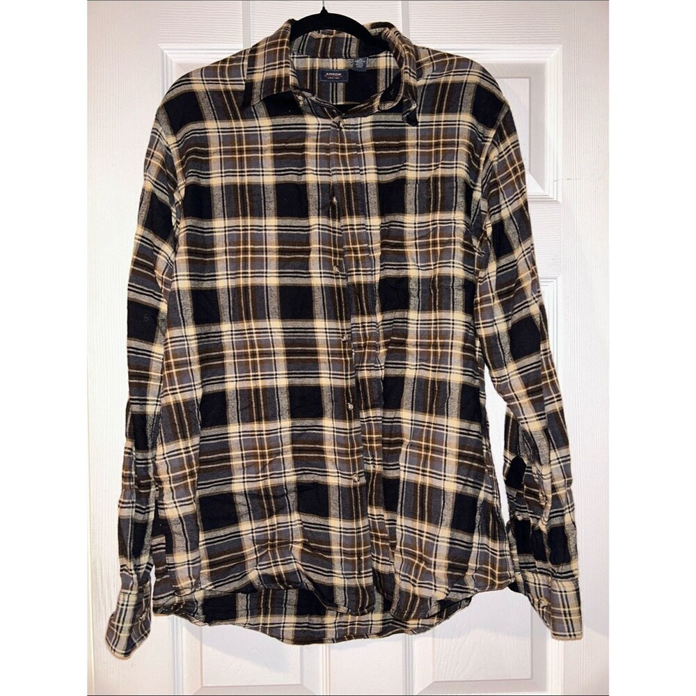 Arrow Flannel Plaid Button-Down Shirt Black Tan Medium 100% Cotton Vintage